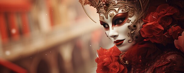 Colorful masks and costumes at traditional Carnival in Venice. Beautiful woman in mysterious mask on the street. Venetian carnival. Mardi Gras, masquerade party or holiday event - obrazy, fototapety, plakaty