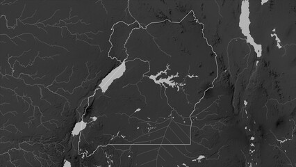 Uganda outlined. Grayscale elevation map