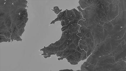 Wales - Great Britain outlined. Grayscale elevation map