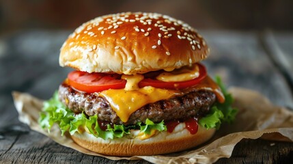 Cheese burger - American cheese burger with fresh salad, tomato and onion
