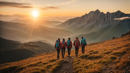 A party of hikers crosses the mountains in the twilight.