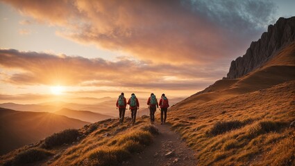  A Group of hikers walks in mountains at sunset, - obrazy, fototapety, plakaty