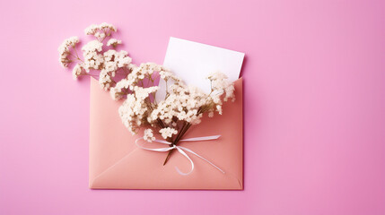 Romantic Wedding Invitation Concept: Top View Photo of an Open Pink Envelope with a Paper Card, Curly Ribbon, and Gypsophila Flowers on an Isolated Pastel Pink Background - Ideal for Bridal Events