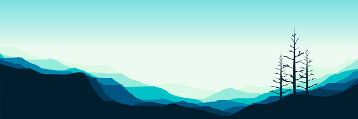 mountain view with pine tree silhouette flat design vector illustration good for wallpaper, background, backdrop, banner, web, panorama, travel, tourism and design template