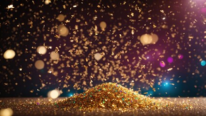  A stunning, beautifulvibrant celebration with flying neon confetti and a shimmering golden backdrop