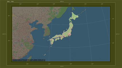 Japan composition. OSM Topographic standard style map