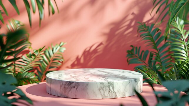 Marble podium with tropic leaves mock up background, product placement