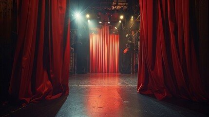 Behind the scenes of a theatre scene with curtains and lights preparing for a show - 713415590
