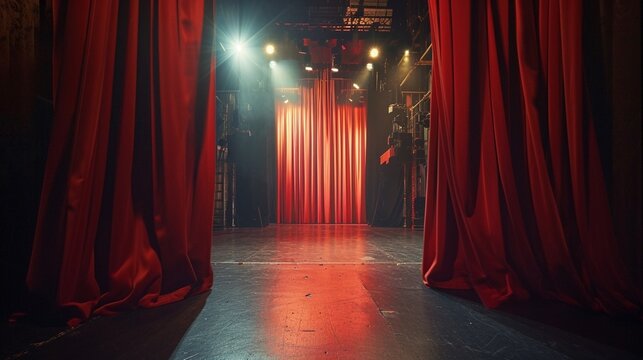 Behind the scenes of a theatre scene with curtains and lights preparing for a show