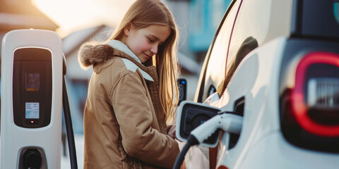Eco-Friendly Generation: Young Girl Charging an Electric Car