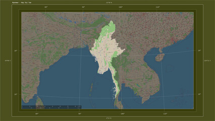 Myanmar composition. OSM Topographic standard style map