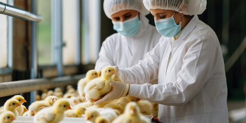 Care in Poultry Farming: Veterinary Professionals Examining Chicks