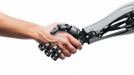 Handshake between human and AI robot. Photographic illustration of a man's hand and an Artificial Intelligence hand on a white background, interaction between machine and people, friendship
