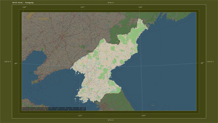 North Korea composition. OSM Topographic standard style map