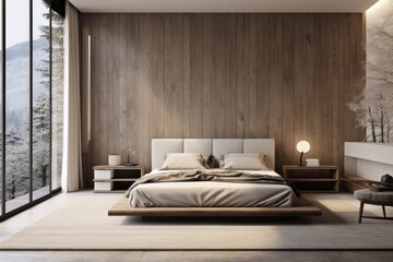 A minimalist bedroom with serene vibes, using earthy tones and natural materials