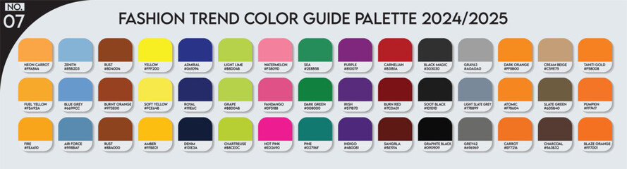 Fashion Trend Color guide palette 2024-25 no.07. An example of a color palette vector. Forecast of the future color. color palette for fashion designers, business, garments, and paints colors company