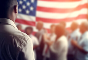 unrecognizable African man gazing a united states flag with people around