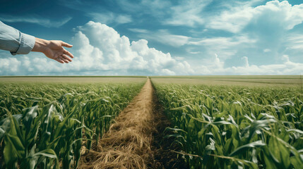 Hand pointing to a path in the middle of fields