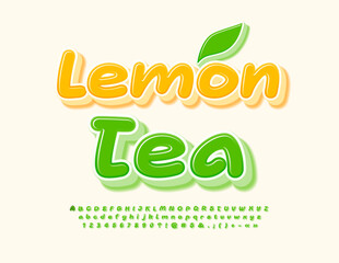 Naklejka premium Vector modern template Lemon Tea. Funny Glossy Font. Green handwritten Alphabet Letters and Numbers