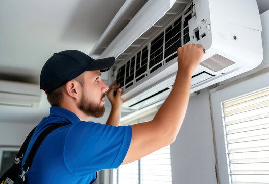 Worker fixing an air conditioner in a house