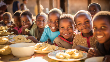 Poor african school children eating together - obrazy, fototapety, plakaty