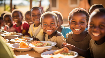 African kids smiling in a community dining hall