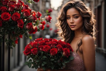 A woman holding a bunch of red roses is shown in a romantic moment. Ideal on a special day for someone special
