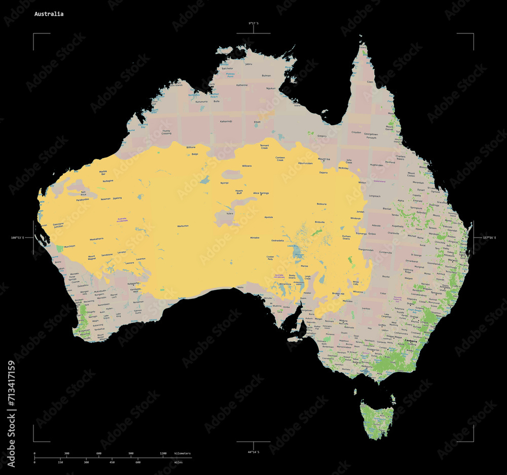 Wall mural Australia shape isolated on black. OSM Topographic French style map - Wall murals