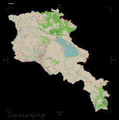 Armenia shape isolated on black. OSM Topographic French style map