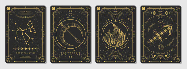 Set of Modern magic witchcraft cards with astrology Sagittarius zodiac sign characteristic. Vector illustration - obrazy, fototapety, plakaty