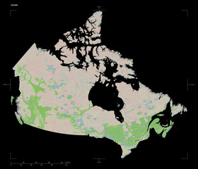 Canada shape isolated on black. OSM Topographic French style map