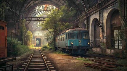 Nature reclaiming the once bustling railway depot, with vines and weeds covering the tracks. - obrazy, fototapety, plakaty