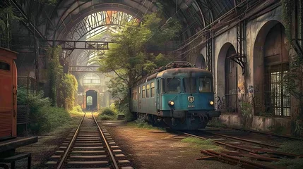 Fotobehang Nature reclaiming the once bustling railway depot, with vines and weeds covering the tracks. © Fallen Satan