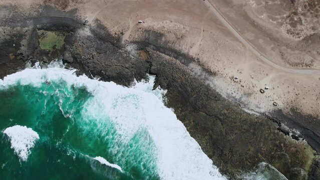 The drone aerial footage of Popcorn Beach in Fuerteventura Island, Spain.	