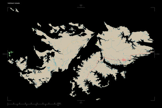 Falkland Islands shape isolated on black. OSM Topographic French style map