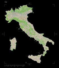 Italy shape isolated on black. OSM Topographic French style map