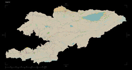 Kyrgyzstan shape isolated on black. OSM Topographic French style map
