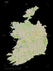 Ireland shape isolated on black. OSM Topographic French style map