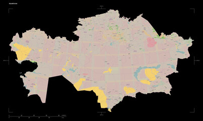 Kazakhstan shape isolated on black. OSM Topographic French style map