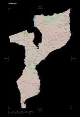 Mozambique shape isolated on black. OSM Topographic French style map