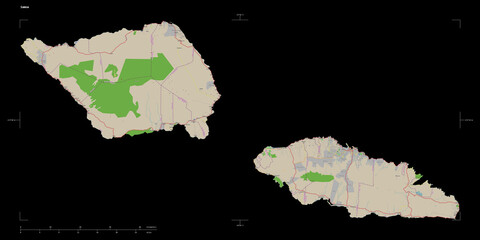 Samoa shape isolated on black. OSM Topographic French style map