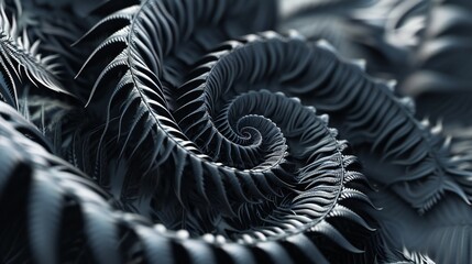 Muted charcoal hues on fern leaves, their 3D spirals creating a calming and flowing ballet with a touch of freshness.