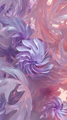 Muted lavender and coral hues blending on fern leaves, a fusion of 3D spirals in a fresh and tranquil ballet.