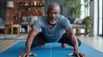 elderly man of African American appearance doing yoga while lying on an exercise mat in his room. Trend of senior fitness active aging - obrazy, fototapety, plakaty