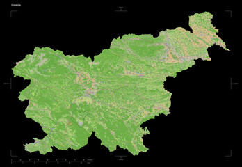 Slovenia shape isolated on black. OSM Topographic French style map