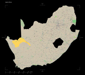 South Africa shape isolated on black. OSM Topographic French style map