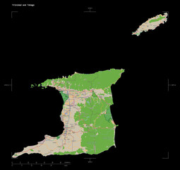 Trinidad and Tobago shape isolated on black. OSM Topographic French style map