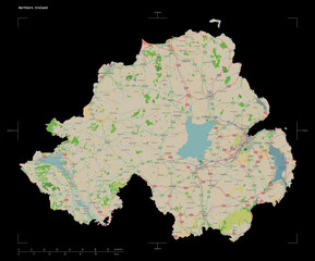 Northern Ireland shape isolated on black. OSM Topographic French style map