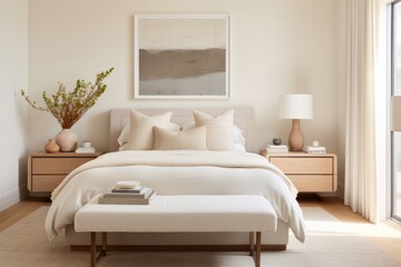 Minimalist guest room with neutral tones and simple yet elegant furnishings