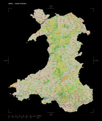 Wales - Great Britain shape isolated on black. OSM Topographic French style map
